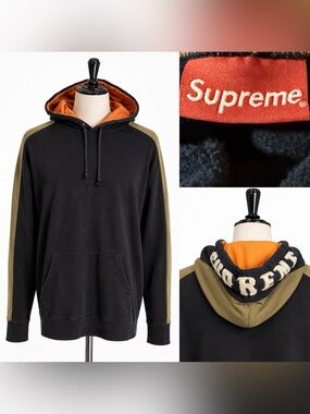 SUPREME paneled sweatshirt hoodie 2018 collection. Chenille hood logo- L